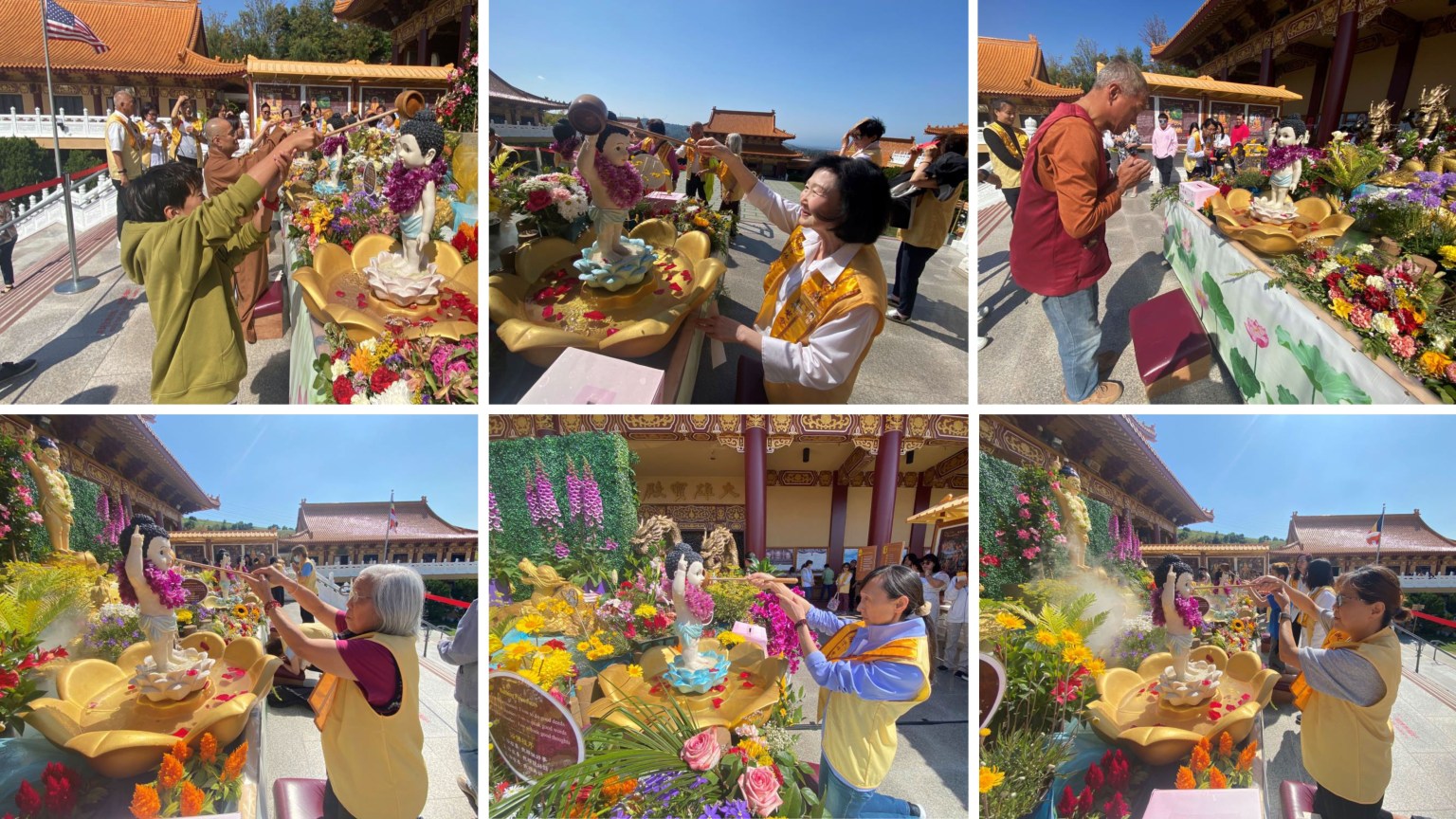 大家帶著祈願卡，在慧人法師帶領下，依次虔誠地浴佛