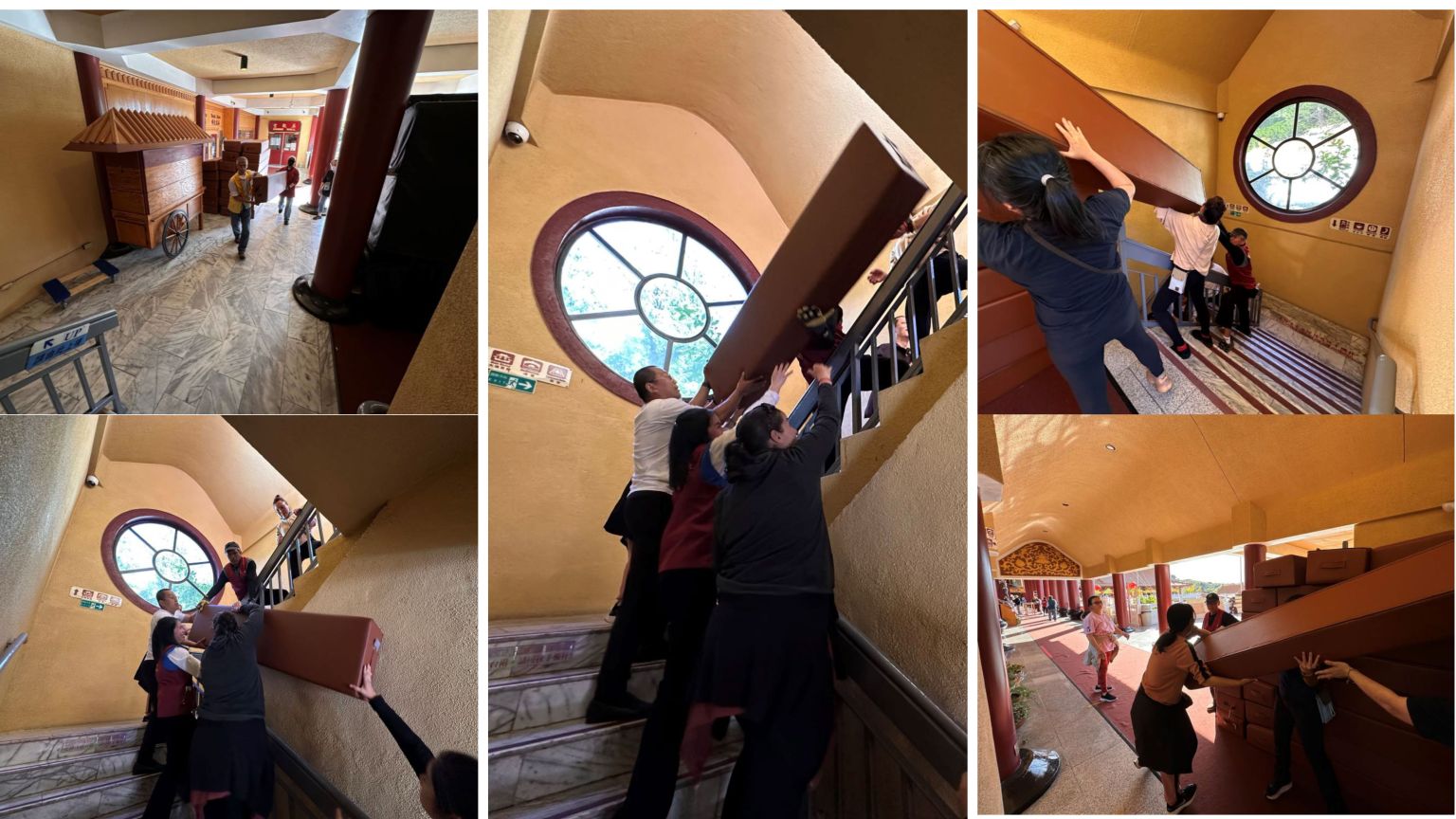 來自不同地方的信眾，大家一起義工，彼此不認識，在做事的過程中，彼此互相配合，即使身體疲憊，每個人的臉上都洋溢著開心燦爛地笑容