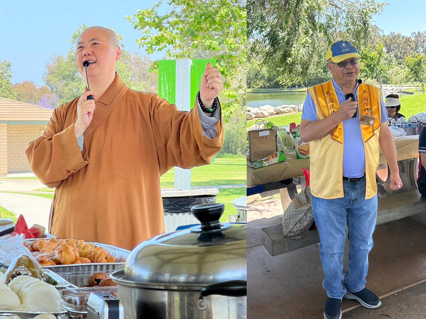 (左)妙觀法師教大家做手指游戲，並開示了什麼是照見和修行。教授在生活中首先要自省，觀照自己色受想行識. (右)會長介紹會員