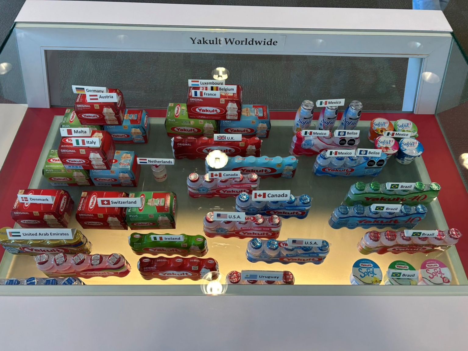 展示櫃展示世界各國不同包裝的養樂多