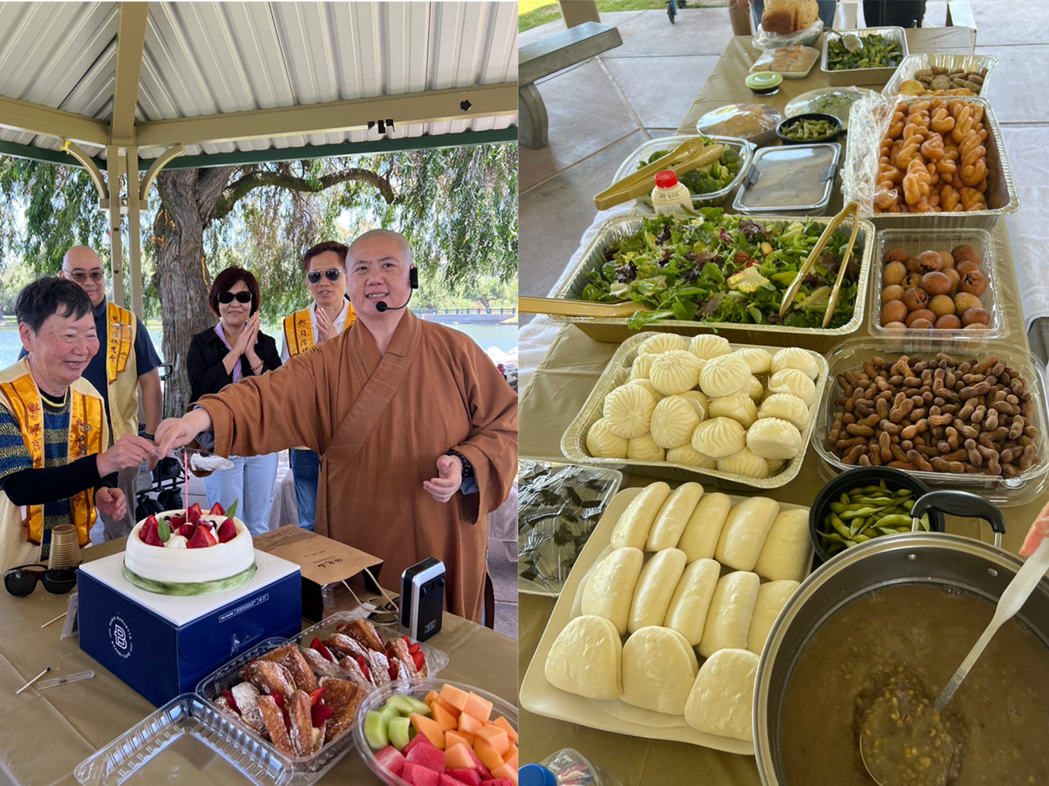 (左)當天生日李怡慧師姐. (右)他們很早就到公園排隊選位並精心準備的各種美食
