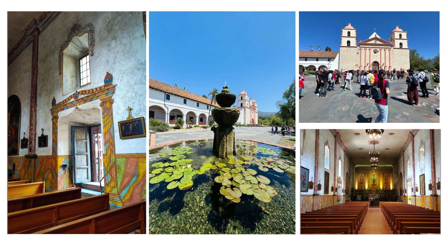 聖塔巴巴拉修道院，建於1786年，其獨特的石砌雙塔型建築, 仿造古羅馬建築特色，頗具女性色彩，因此被稱作是「教堂中的女王」。修道院前望眼太平洋，一大片綠地和玫瑰花團錦簇，空氣清新，綠意盎然，大家在噴泉旁散步，在教堂裡感受古樸和歷史氣息