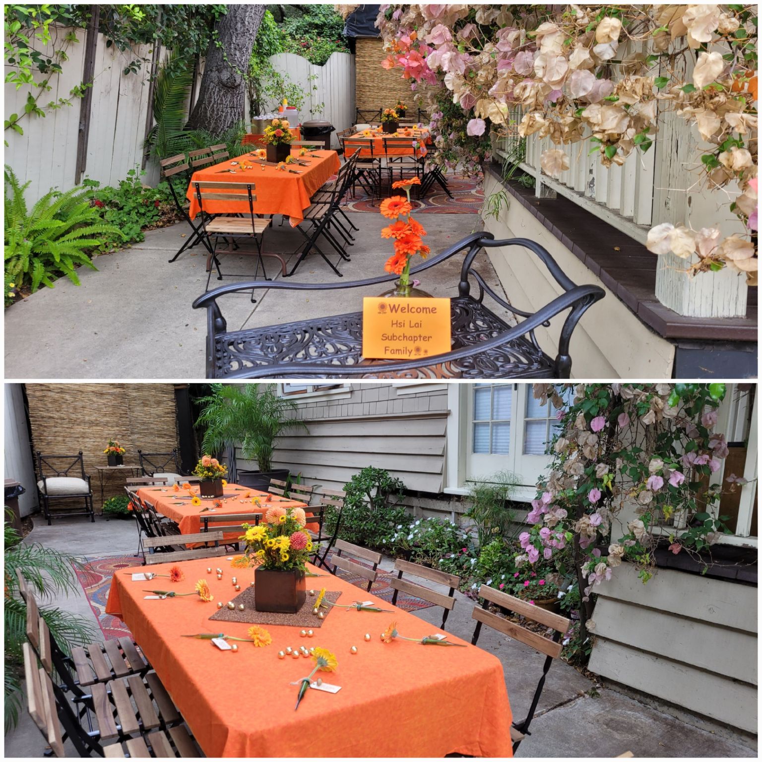 Lynette King decorates the outdoor area with sunflowers and other warm orange-yellow flowers, greeting everyone with a sign that says, "Welcome Hsi Lai Subchapter family." (Photo by Ching Pan)
Lynette King 以向日葵等橘黃暖色系花卉布置了戶外，並以「歡迎西來分會的家人們」的標語迎接眾人。(攝影：潘青霞)