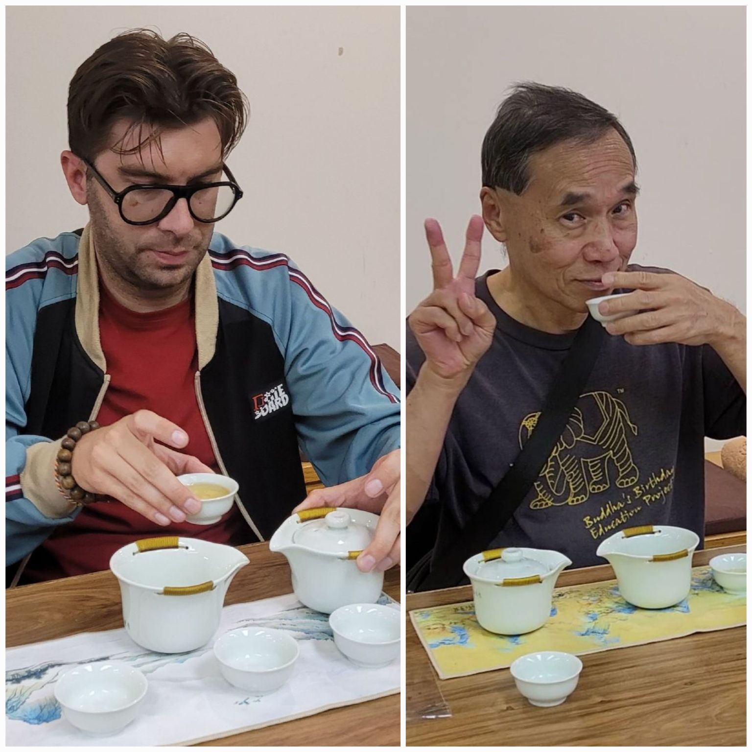 Two tea meditation practitioners engage in the art of tea preparation and tasting.泡茶及品茶的兩位茶禪行者。