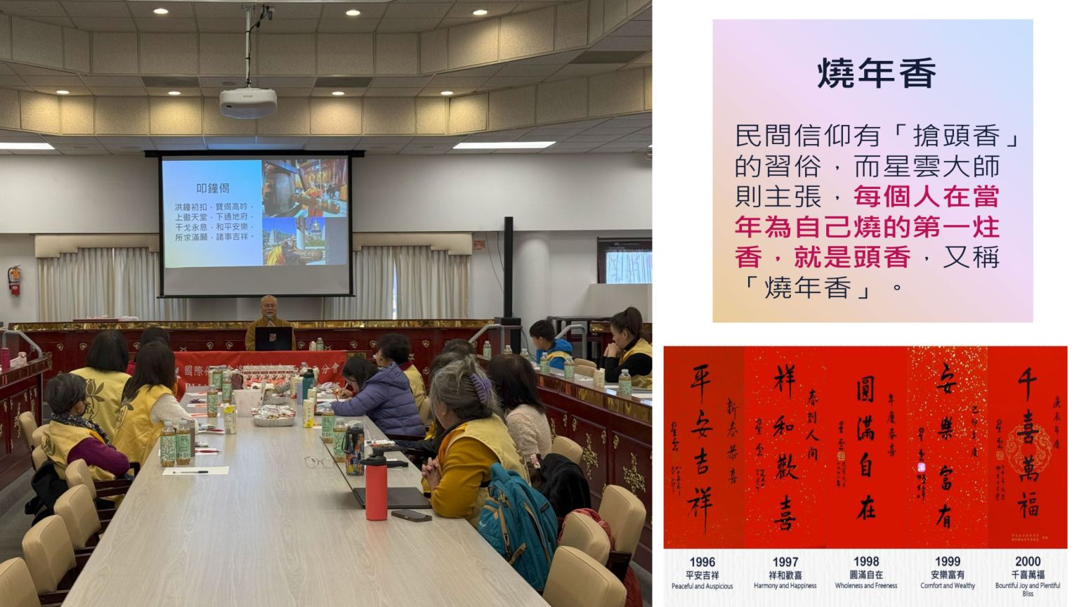 讀書會以「佛光山春節平安燈會」為主題，由輔導法師慧人法師授課，帶會員走進佛光山的春節平安燈會