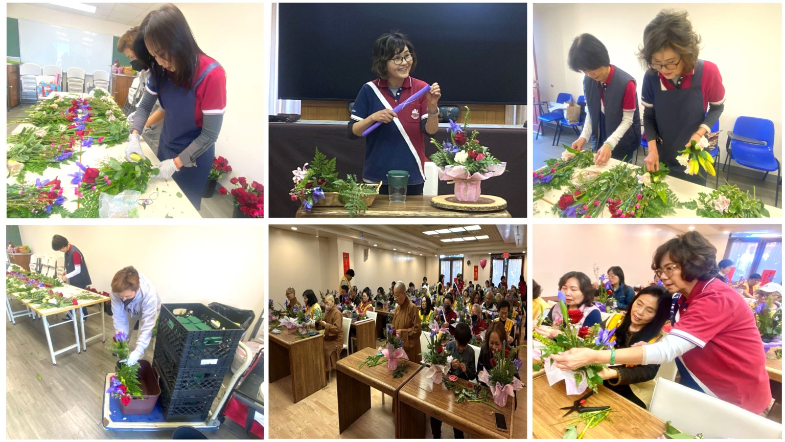感謝河濱分會為此次活動的準備，感謝河濱分會督導、會長以及副會長的支持，集體創作，讓大家有機會為自己做出一份美麗的花禮，也拉近了會員彼此的交流，以花會友。 （上圖中，河濱分會副會長杜淑芳指導插花，準備花材；下圖右河濱分會督導林玉英指導插花）