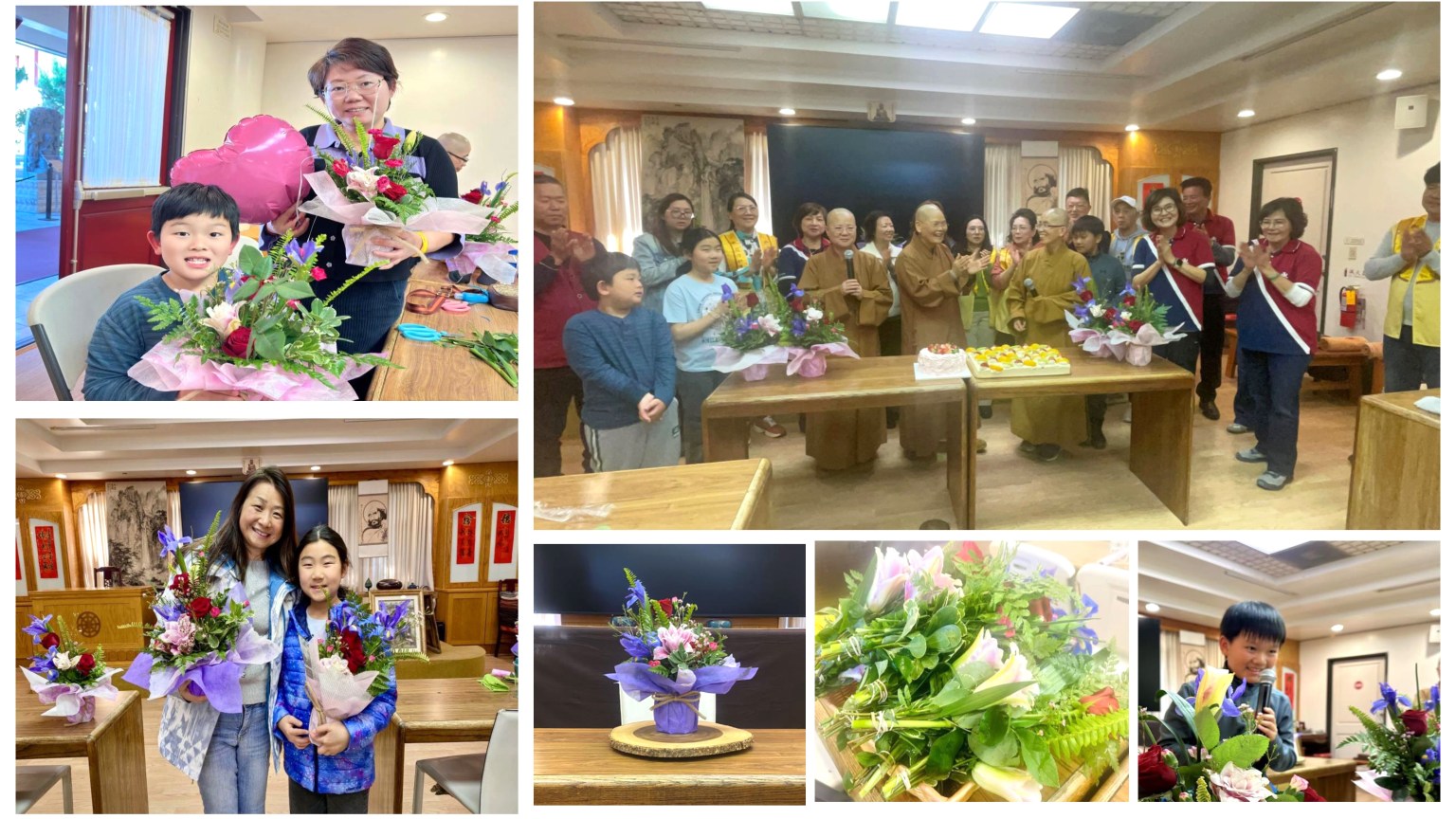 白塔三和河濱分會，在三位法師的帶領下，為1月到3月壽星慶生，其樂融融。活動現場花香四溢，大家興趣盎然，孩子們也享受著親自創作的樂趣和插花藝術帶來的快樂。