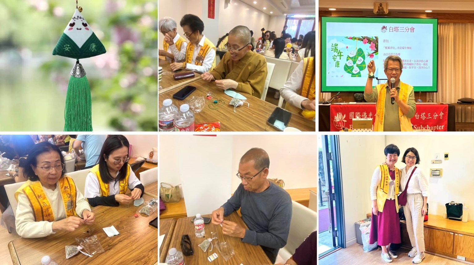 大家縫製香包，趣味橫生，氣氛溫馨熱鬧。 佛光合唱團執行長謝中丞分享， 一針一線在縫製過程中，更能體會「慈母手中線，遊子身上衣，臨行密密縫，意恐遲遲歸」歌詞意境。 （右上圖是謝中丞）