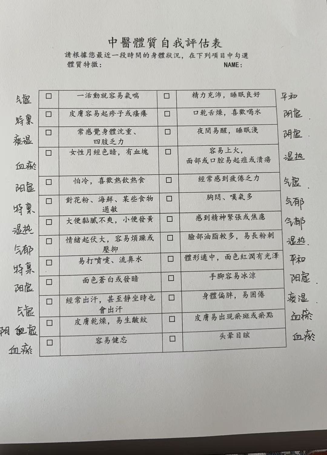 講座中和會員互動，自測體質。中醫九大體質的辨識方法，包括平和質、氣虛質、陽虛質、陰虛質、痰濕質、濕熱質、血瘀質、氣鬱質和特稟質。