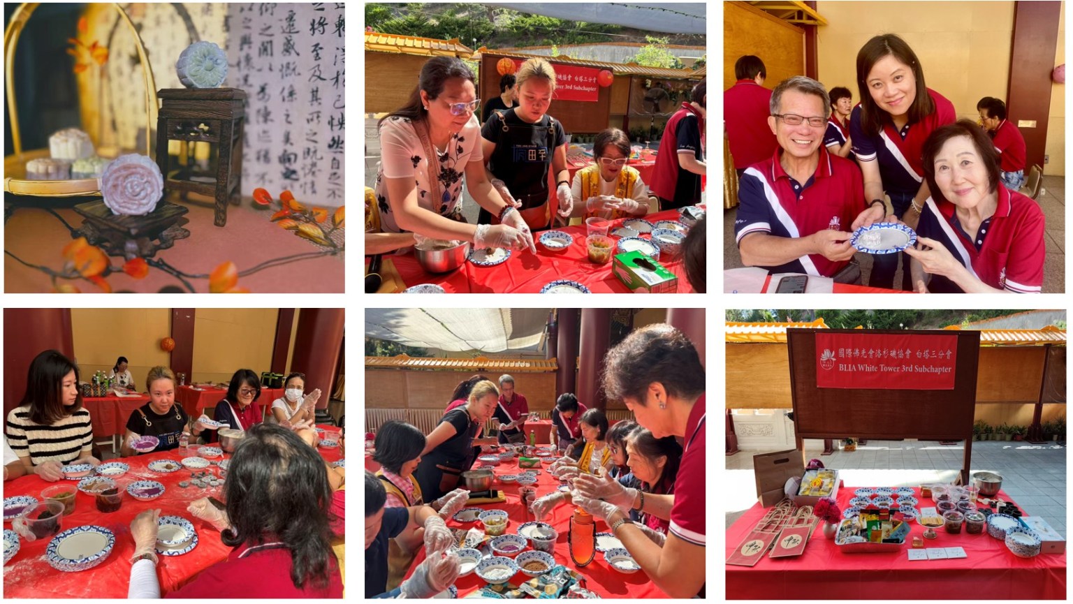 Vicky 老師早已備妥冰皮麵團、糯米粉、紅豆與綠豆餡等材料，指導大家秤量食材、調和麵團，再搓揉至光滑有彈性，最後包餡入模，壓製出帶有墨寶字圖案的精緻月餅，每顆內更「藏」有星雲大師法語。