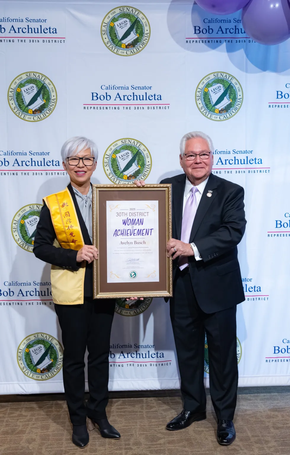 Senator Archuleta commends Avelyn Busch for her active participation in various events organized by Hsi Lai Temple and the Los Angeles Chapter of BLIA (Buddha’s Light International Association) since joining in 2011.