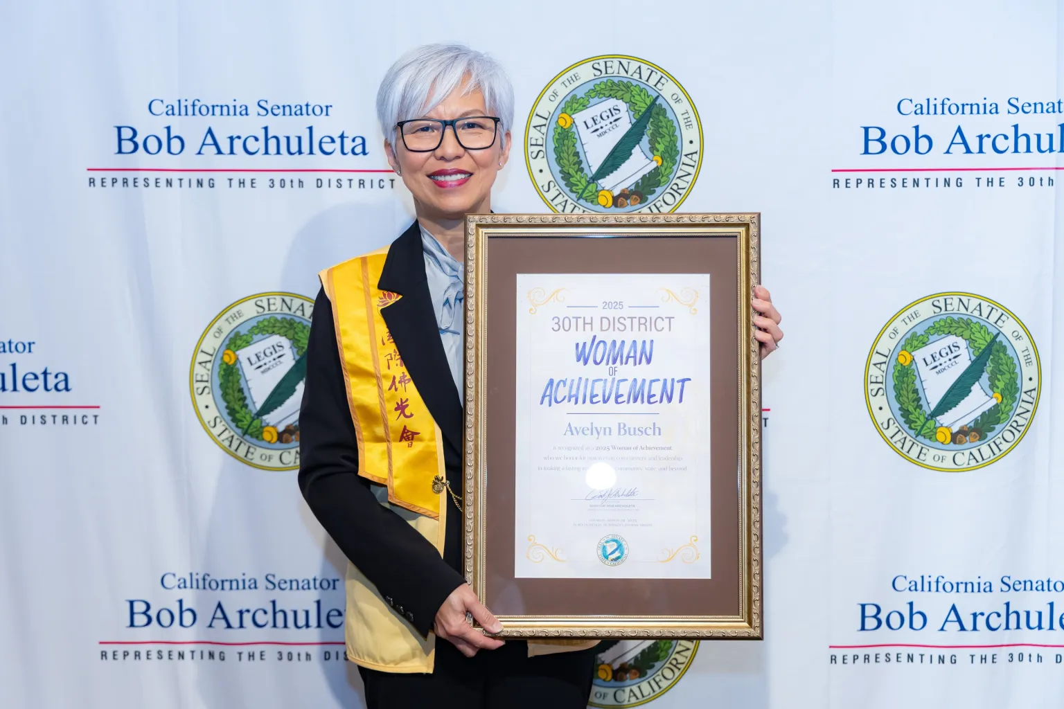 Avelyn Busch expressed that she never expected to receive such an honor. She sincerely thanked Senator Archuleta, as well as Hsi Lai Temple and BLIA for providing her with a platform to serve—something she truly enjoys.