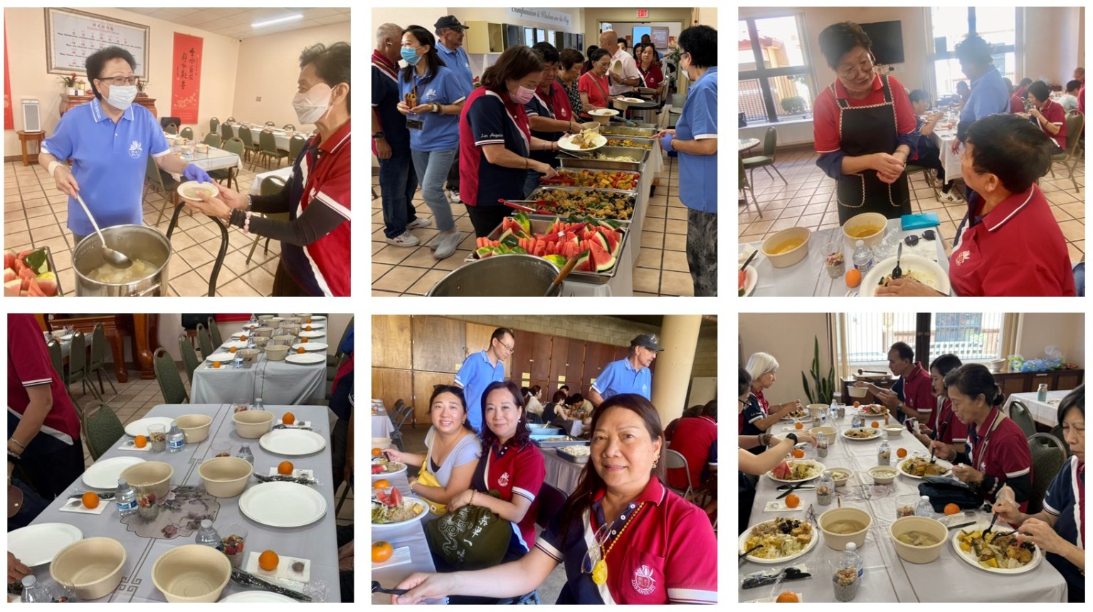 五觀堂內佈置典雅，義工菩薩們早已準備可口午齋，並與大家分享烹飪心得。義工熱情為大家服務行堂，悉心照顧大眾，待大家用畢餐後才簡單用齋，令與會者深受感動。