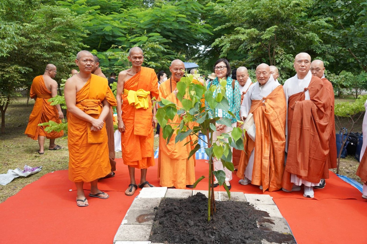 美國西來大學與泰國摩訶朱拉隆功大學簽訂教育合作備忘錄典禮，於摩訶朱拉隆功大學校園種植菩提樹，以為見證，左三為佛光山泰華寺住持心定和尚，左二為摩訶朱拉隆功大學校長Most Venerable Professor Dr. Phra Brahmawatcharatheeracharn，右三為西來大學謝明華校長。