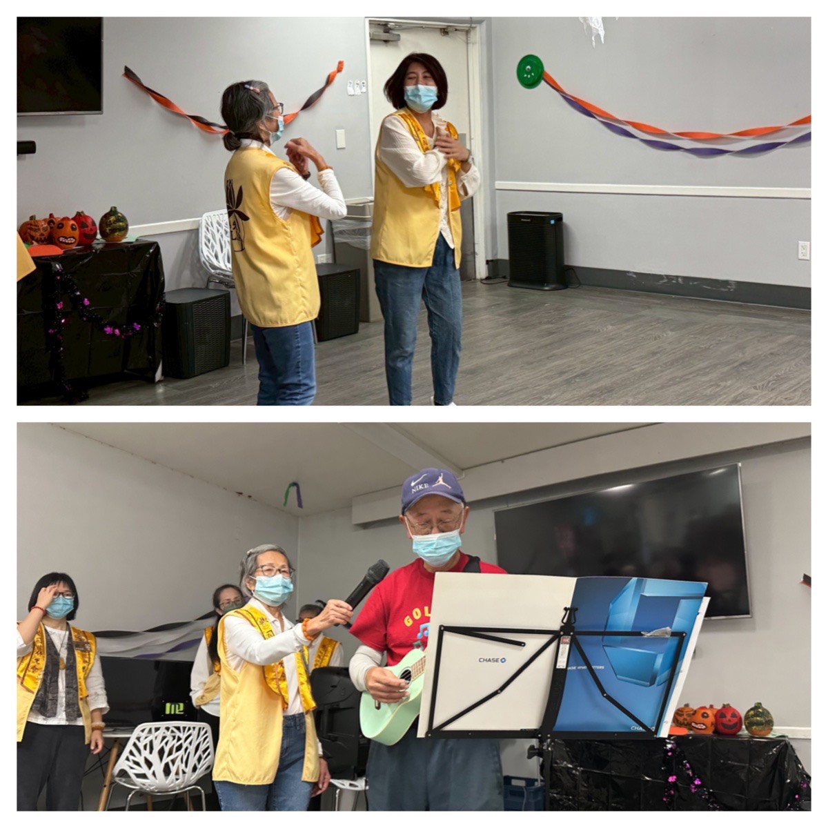 上圖副會長賴姿穎與楊方鈺師姐表演手語舞蹈聽我說聲謝謝你，下圖 Allan Lui 吉他自彈自唱。