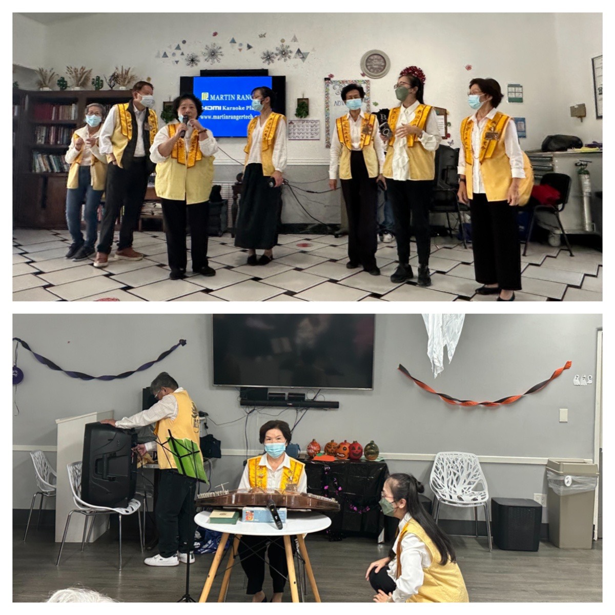 上圖委員胡巧蓉帶領會員們演唱雲湖之歌，下圖委員徐好慶楊琴演奏。