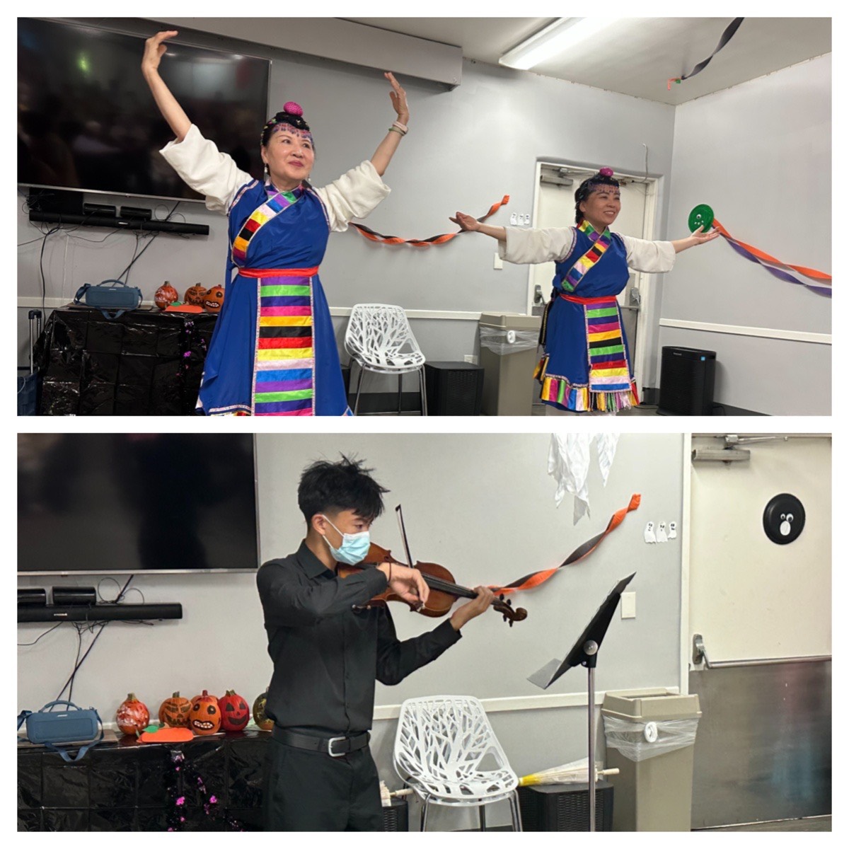 上圖陳建玲師姐與蔡佩芬師姐帶來藏族舞蹈，下圖Andrew 小提琴獨奏。