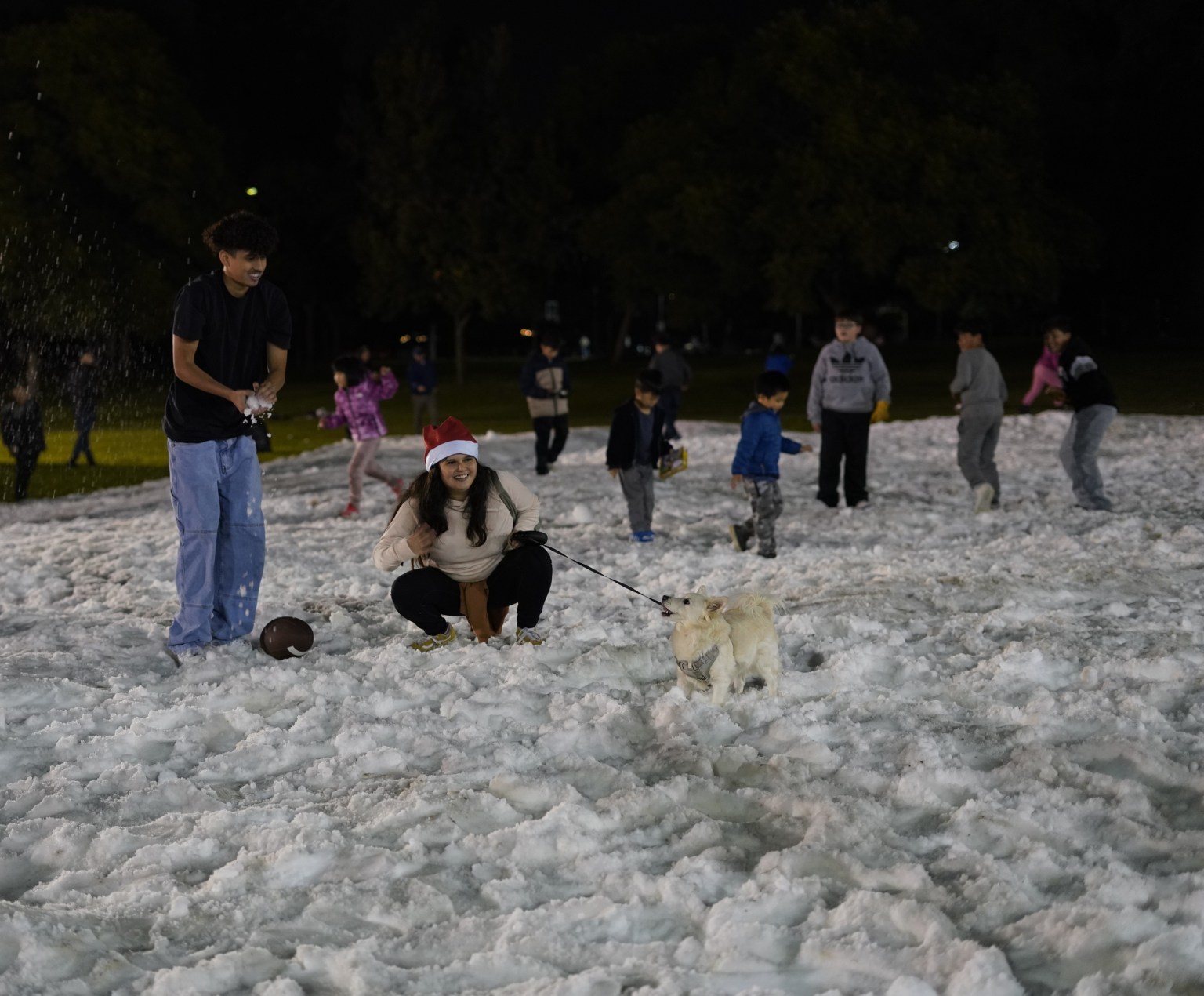 冰雪場上，親子們打雪仗，孩童溜雪橇，笑聲四起，小狗也湊熱鬧汪汪叫。