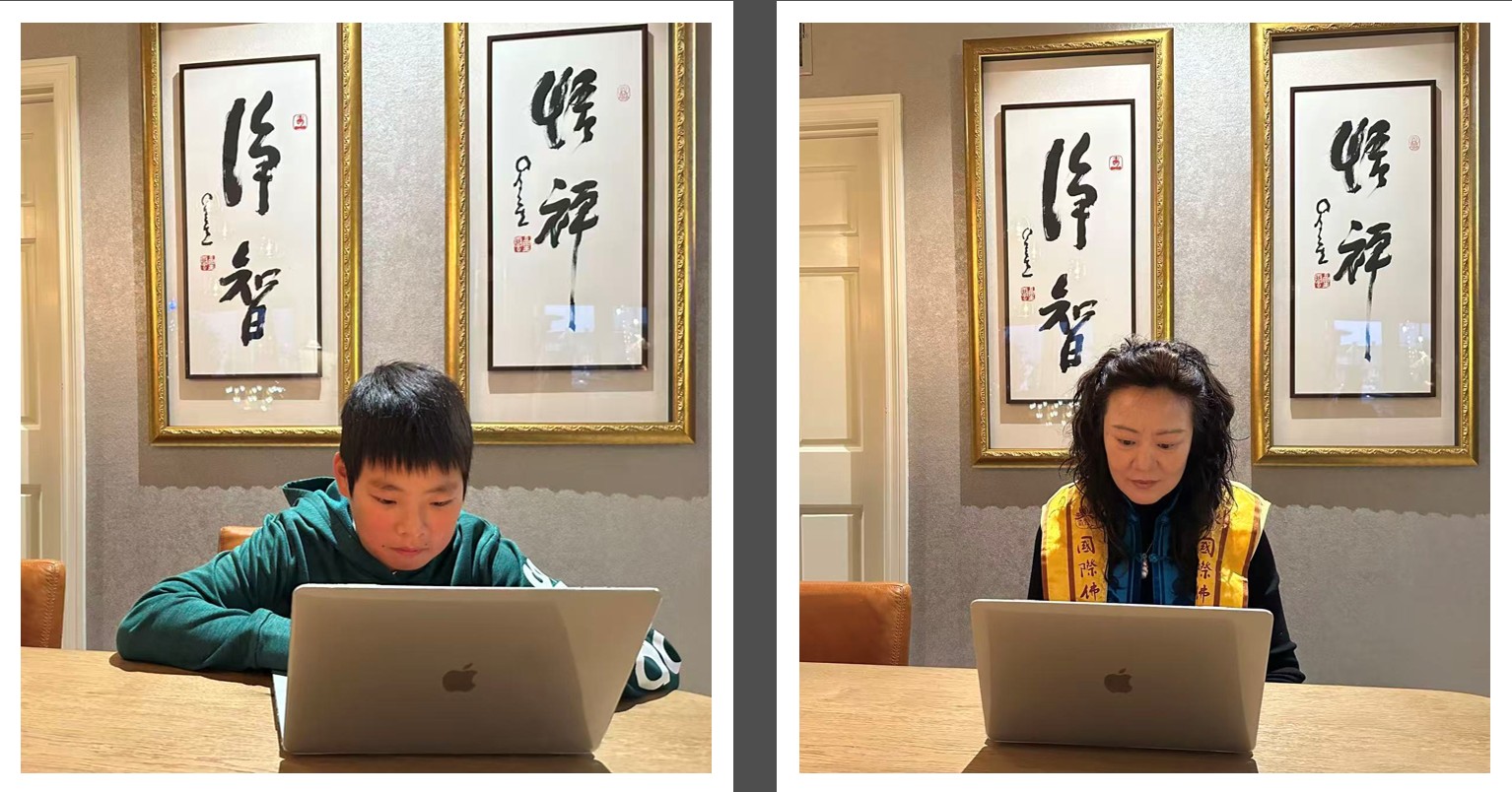 分會共有三對會員與子女攜手參加佛學會考，王珍與12歲的Gavin Xu，親子同心、共學共進。