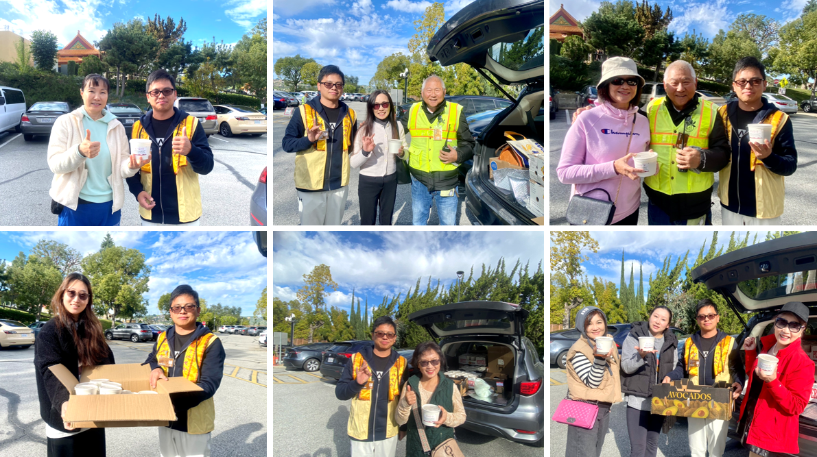 副會長路成偉和分會委員領粥，送粥給會員傳遞暖意，分享佛陀成道日的喜悅。