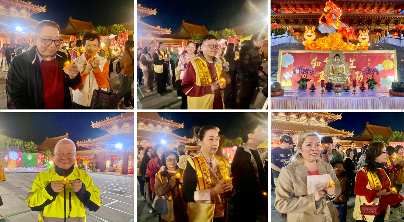 會員們手捧紅色「心」燈，齊聚成佛大道，在佛前虔誠獻燈祈願，新年平安吉祥。