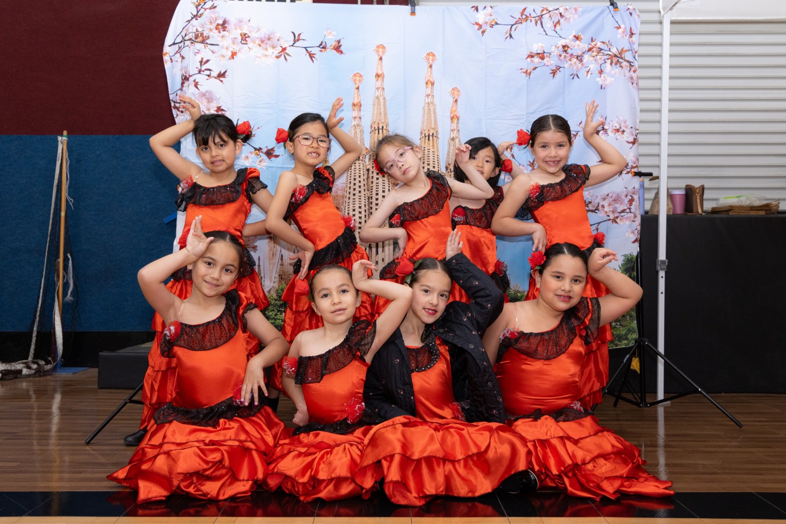 Girl Scouts representing Spain perform with vibrant enthusiasm.