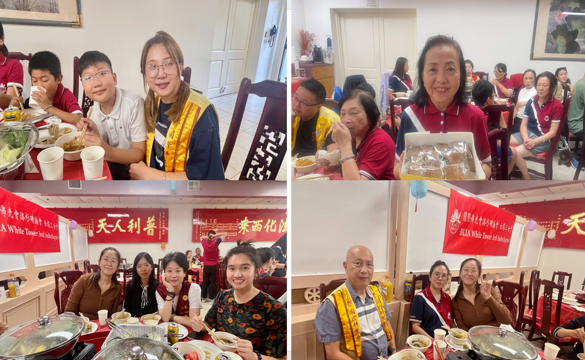 中秋「六味一鍋・百緣一家」團圓宴，活動鏡頭。會員黎麗娥（右上圖）給大家親手做了印尼糕甜品。還有許多默默付出的會員，有人佈置場地、準備餐具，有人備菜、服務，也有人主動照應長者與家人，每一份付出，都成為活動圓滿不可或缺的因緣。